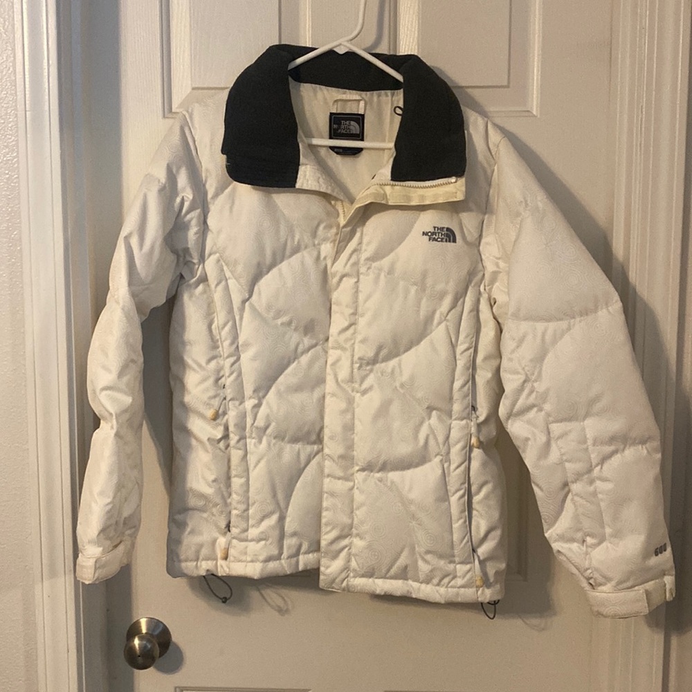 The North Face White Quilted Ski Jacket with Black Collar
